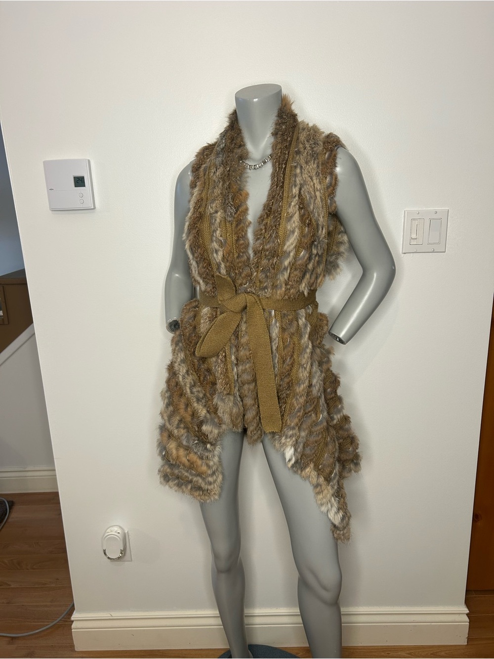RUDSAK Braided Faux-Fur Open Vest in Brown and Tan with Knit Tie